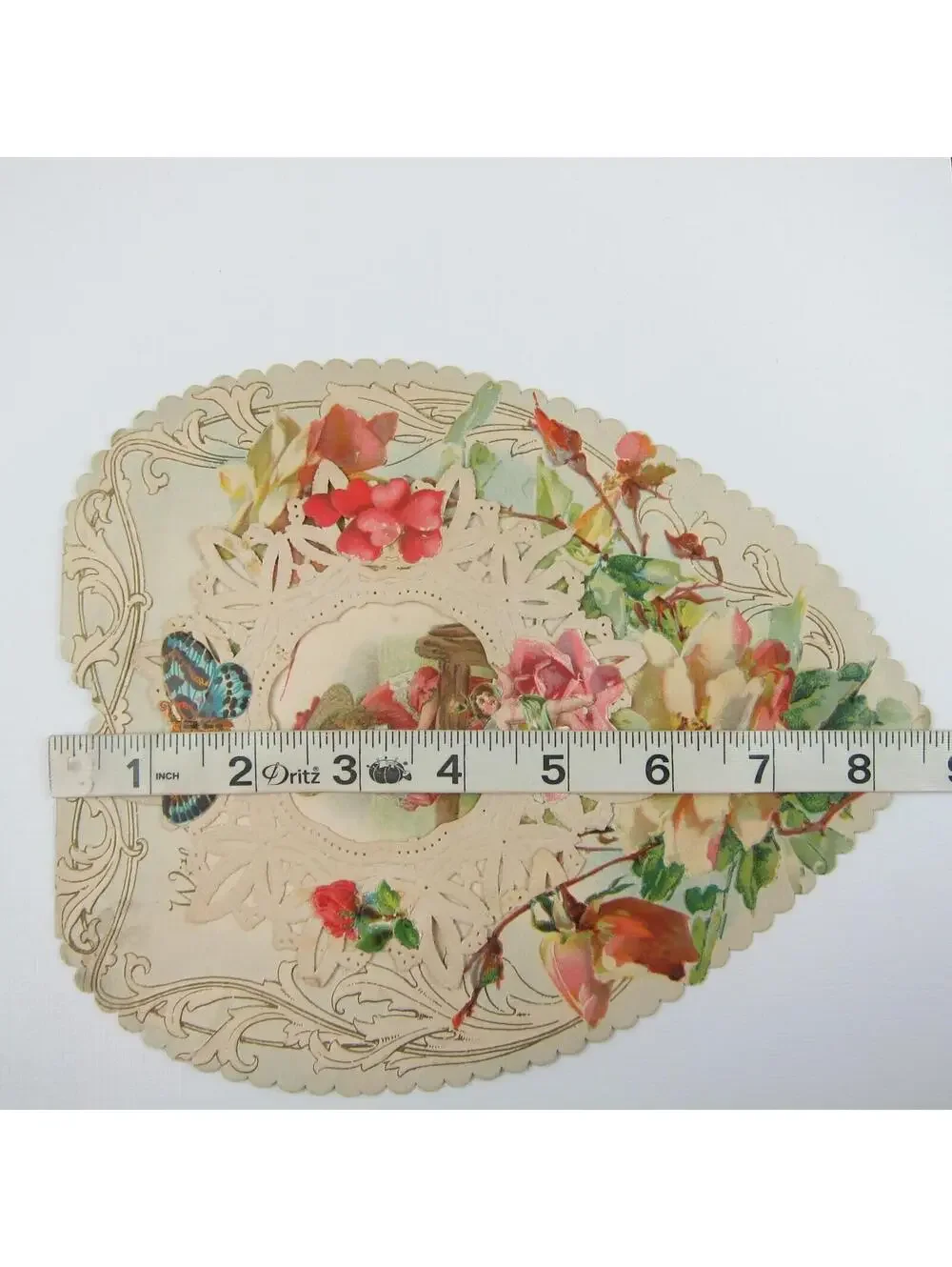 Antique Valentine Die cut Heart LARGE Girl Red Dress Hat Butterfly Cupid Flowers